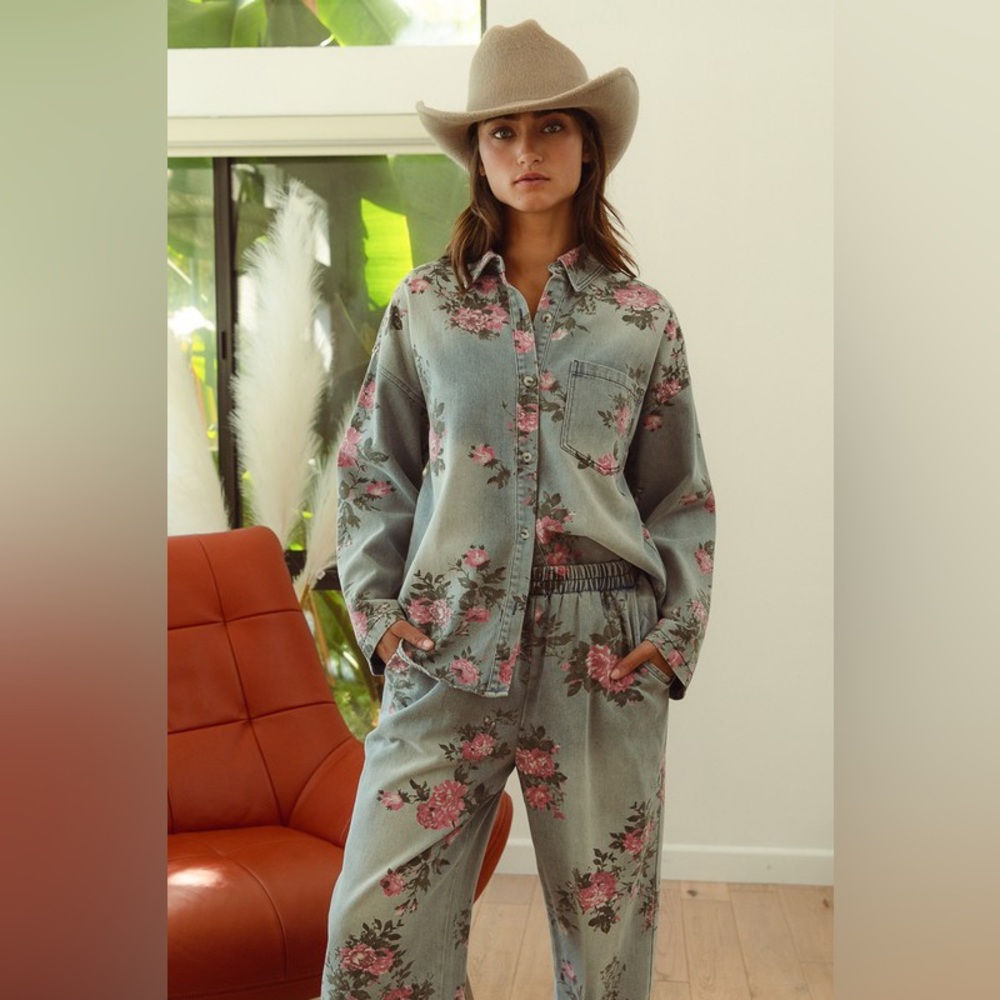 Denim floral washed button shirt elastic waist wide leg boho bohemian pant set - Picture 3 of 11